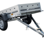 200×106 Gitteranhänger mit blauer Flachplane, Gitterwänden und Stützrad – Garden Trailer 200 KIPP