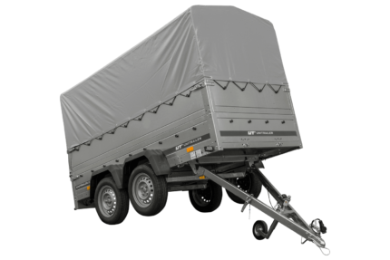 2-Achs Pkw-Anhänger UNITRAILER GARDEN TRAILER 264/2 KIPP mit Stützrad, Bordwandaufsatz, H-800 Rahmen und grauer Plane