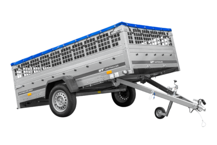 Anhänger 264×150 UNITRAILER GARDEN 265 KIPP mit Gitteraufsatz, Flachplanenträgern und blauer Plane