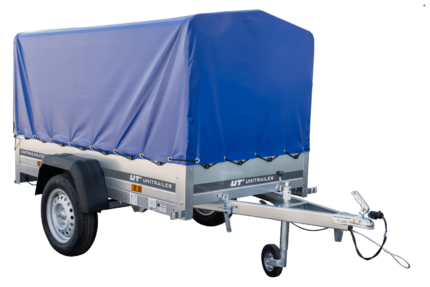 Anhänger Garden Trailer 200 KIPP 200×106 cm 750 kg [mit Hochspriegel, blauer Hochplane und Stützrad]